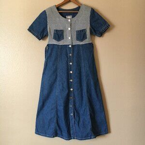 Vintage Jean Dress 10P Blue Denim Button Grannycore Cottagecore Monique Fashions
